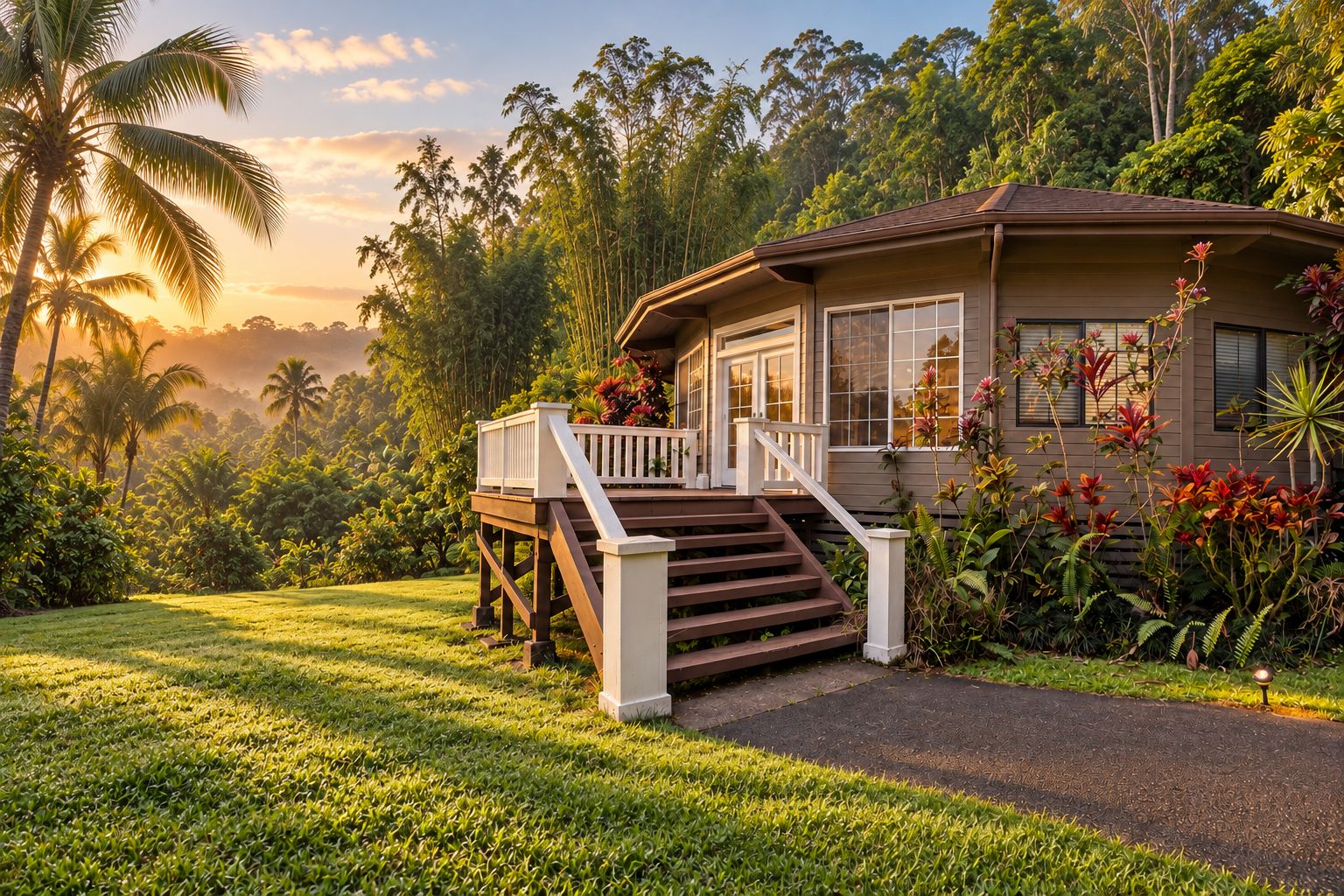 The circular Hakalau Harvest home among palms and bamboo at sunrise