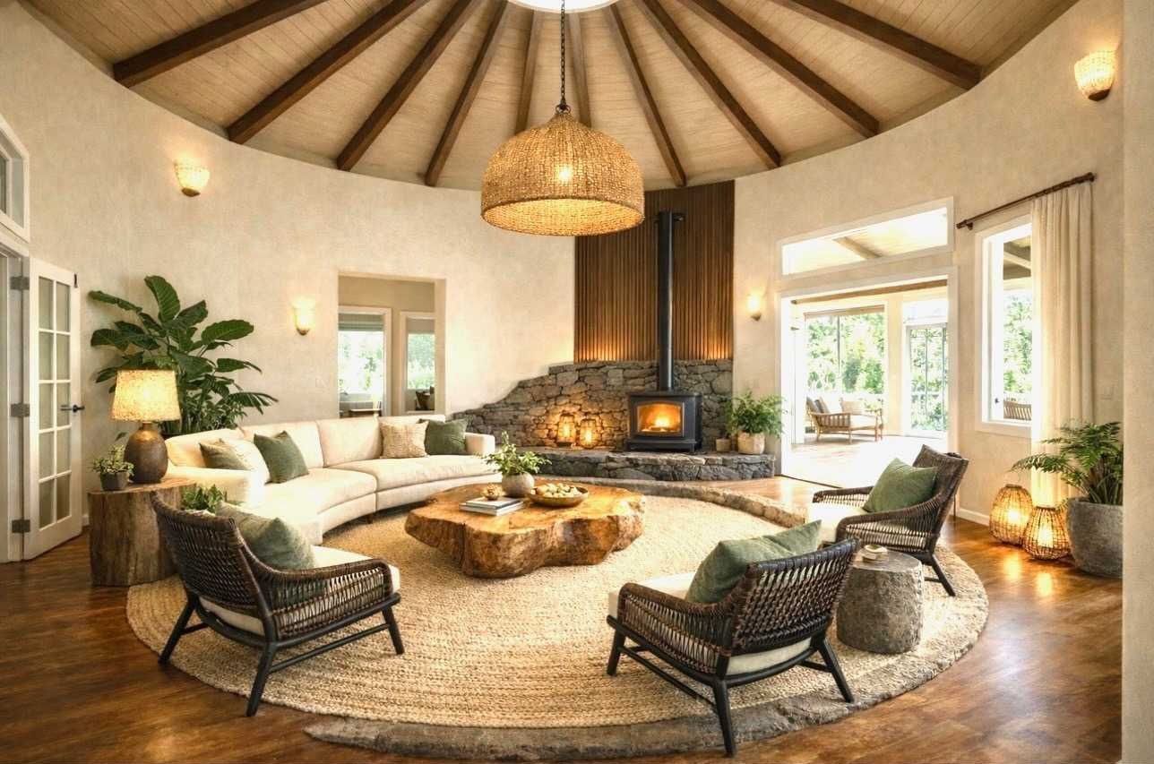The circular great room under a vaulted beamed ceiling with a wood-burning stove